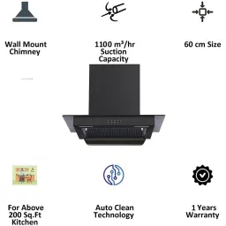 Kutchina Energia 60cm 1150m3/hr Ducted Auto Clean Wall Mounted Chimney with Push Button Switch (Black) image 5