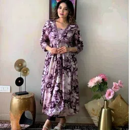 Women Floral Print, Printed Viscose Rayon A-line Kurta-image-3