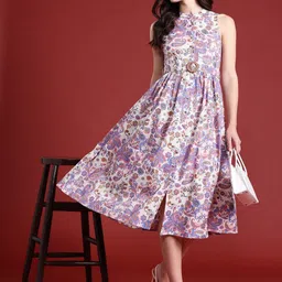 all about you Women A-line Purple, White Midi/Calf Length Dress-picture-11