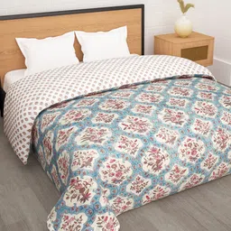 Story@home Cream-Coloured Blue Floral Ac Room 180GSM Reversible Double Bed Comforter-picture-16