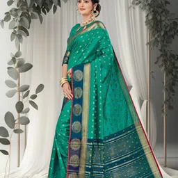 Mitera Turquoise Woven Design Zari Kanjeevaram Saree image 3