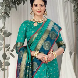 Mitera Turquoise Woven Design Zari Kanjeevaram Saree image 5