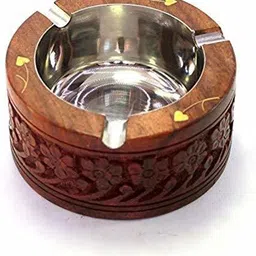 crafthub Handmade Wooden Round Shaped Home and Office Ashtray for Cigar and Cigarettes 1pc (12x12cm) Brown Wood Ashtray image 2