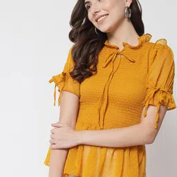 Trend Arrest Self Design Tie-Up Neck Puffed Sleeves Smocking Top image 1