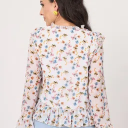 Beatnik Floral Printed V-Neck Bell Sleeve Georgette Top image 3