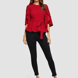 Kotty Red Waist Tie-Up Flared Sleeves Top image 5