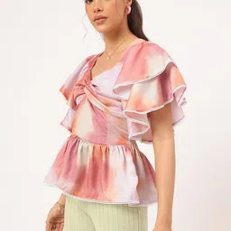 DressBerry Rainbow Radiance Printed Twisted Flutter Sleeves Peplum Top image 4