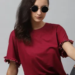 The Roadster Lifestyle Co Maroon Cotton Loose Fit Extended Sleeves Solid Top-picture-37