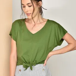 CHIMPAAANZEE Green Extended Sleeves Waist Tie Up Cotton Crop Top-picture-10