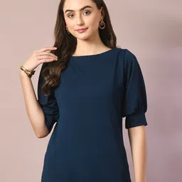 DressBerry Blue Boat Neck Puff Sleeve Regular Top-image-35
