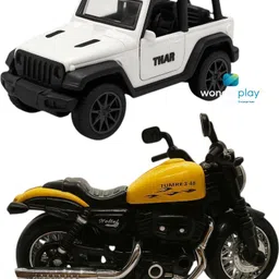 Die-Cast White Thar Car 1:36 & Yellow Royal Enfield Bike Combo Pull Back Toys-image-15