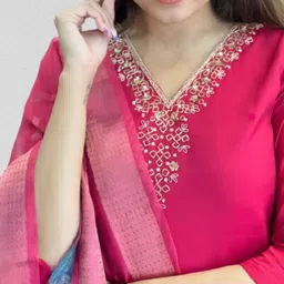 Aksa Fashion Embroidered Straight Salwar, Kurta & Chanderi Dupatta set for Women Solid Kurta, Trouser/Pant & Dupatta Set-picture-11