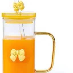 Coquette Yellow Bow Glass Cup with Lid & Straw Cute Cup for Coffee, Milk & Juice Glass Coffee Mug-image-3