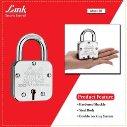 link Atoot 60mm Lock| 2 Lacs Key Combination Hardened Shackle 8 Brass Levers (Pack 2) Padlock image 3