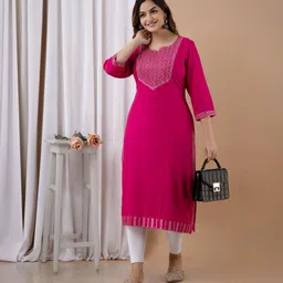 his&her Women Embroidered Viscose Rayon Straight Kurta image 1