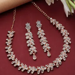 ZENEME Rose Gold Plated Cubic Zirconia Studded Leafy Shaped Jewellery Set image 1