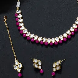 KARATCART Gold-Plated & White Kundan-Studded & Beaded Handcrafted Jewellery Set image 1