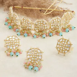 Zaveri Pearls Gold-Plated White & Green Kundan Studded & Beaded Jewellery Set-picture-10
