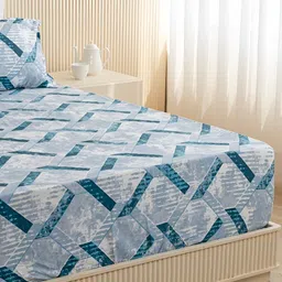 HOMEMONDE Blue & White Printed Cotton 210 TC Fitted King Bedsheet with 2 Pillow Covers image 4