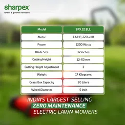 sharpex Electric Lawn Mower | Folding Handle, 1200 Watt,15 Mtr Cable and Detachable Collection Box | Adjustable Height Mower (12 Inch Cutting Blade, Single Phase 1.6 HP Motor) AC Adapter Push Lawn Mower image 5
