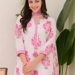 pmd fashion Women’s Cotton Floral Printed Kurta Set with Dupatta – Pink & White Printed Kurta, Palazzo & Dupatta Set image 2
