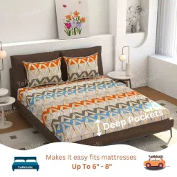 yaakholic Multicolor Geometric 220 TC Cotton Blend Fitted Double Bedsheet With 2 Pillow Covers image 3