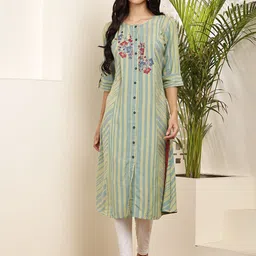 Women Striped Cotton Linen A-line Kurta-image-0