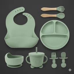 vyani Blue Silicone Baby Feeding Set (8-in-1) - Food-grade BPA-free silicone, Wood + silicone (spoon & fork handles)-picture-37