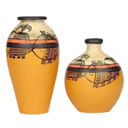 aakriti art creations Madhubani Earthen Dartix (Set Of 2) Yellow Terracotta Floor Vases image 2