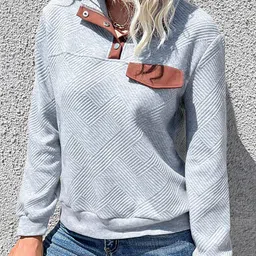 StyleCast Grey Geometric Self Design Turtle Neck Pullover Sweatshirts image 2