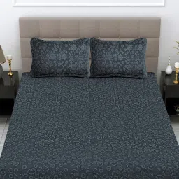 FABINALIV Dark Grey Floral Woollen Embossed King Size Fitted Double Bedsheet With 2 Pillow Covers-picture-22
