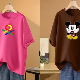 rapturous Pack of 2 Women Printed Round Neck Cotton Blend Pink, Brown T-Shirt-picture-11