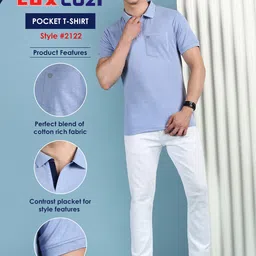 lux cozi Men Solid Polo Neck Cotton Blend Blue T-Shirt image 3