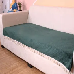 stitchnest Green Solid Velvet 2 Seater Quilted Sofa Cover (Protector) with Tassel image 1