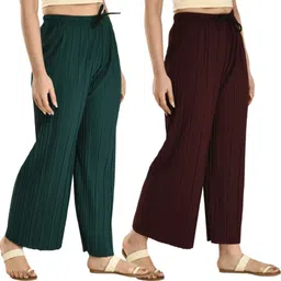 janicks Pack of 2 Women Loose Fit Dark Green, Maroon Cotton Blend Trousers-picture-20