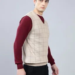 cantabil Men Checkered V Neck Beige Sweater image 3