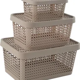 homestic Plastic Set of 3 Stackable Plastic Basket for Storage with Lid | Beige Storage Basket image 2