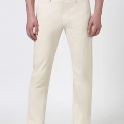 peter england Men Regular Fit Cream Cotton Blend Trousers image 1