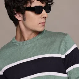 Men Striped Round Neck Green Sweater-image-24