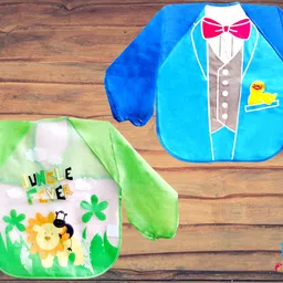 the little lookers Sleeved Washable Waterproof Bib/ Apron|PVC Bibs for Baby (Green & Blue) image 1