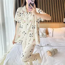 lugo Women Night Suit Set Beige Printed image 3