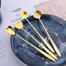 yesmall Gold Flower Design Long Handle Spoon Set (4 Pcs) Stainless Steel Ice-cream Spoon-picture-30