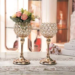 urban hamlet Set of 2 Crystal Beaded Metal Flower Vases | Elegant Gold Finish Table Decor Iron Tealight Holder Set-picture-24