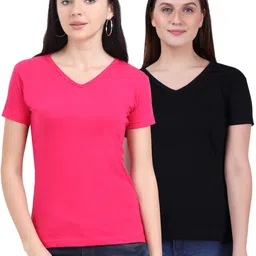 fleximaa Pack of 2 Womens V Neck Half Sleeve Women Solid V Neck Pure Cotton Multicolor T-Shirt-picture-48