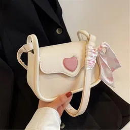 veekly White Women Sling Bag Stylish Sling Bag with Heart Design & Scarf for Women & Girls image 3