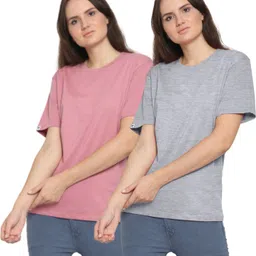 youthpoi Pack of 2 Women Solid Round Neck Pure Cotton Pink, Grey T-Shirt-picture-16