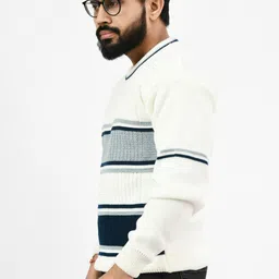 life and style Men Striped Round Neck Grey, White Sweater image 3