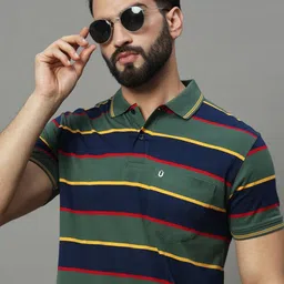 unniberry Men Striped Polo Neck Cotton Blend Dark Blue T-Shirt-picture-40