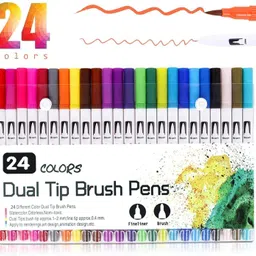 White Dual Markers Brush Pen, Colored Pen Fine Point Art Marker & Brush Highlighter Pen for Adult Coloring Hand Lettering Writing Planner Art Supplier (24 color)-image-42