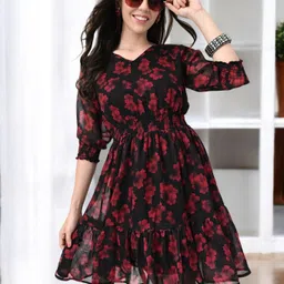 arbiter collection Women Fit and Flare Black, Red Above Knee/Mid Thigh Length Dress-picture-27